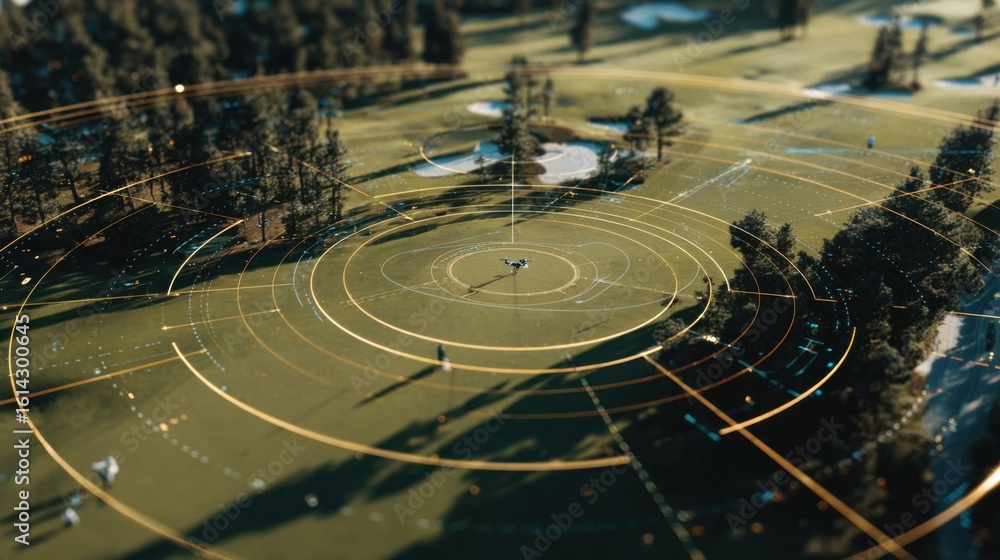 Poster medium shot featuring an aipowered drone analyzing multiple hazards on a golf hole highlighting the 