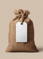 Burlap sack with blank tag, studio shot, neutral background, packaging mockup