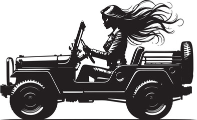 Woman driving open top vehicle windblown hair black and white