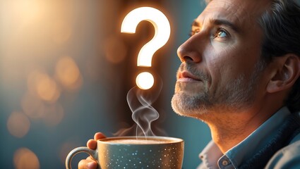 A contemplative man holds a steaming mug, pondering a glowing question mark above him.