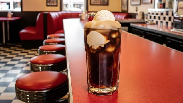 Delicious root beer float with ice cream on a red diner counter, cafe treat.