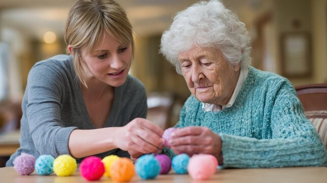 Occupational therapist guides elderly patient through fine motor skills training using stress balls and therapy putty in a calm rehab center.
