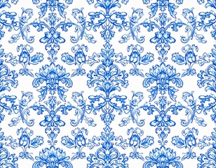 Obraz premium クラシックな青い花柄パターン（トワル・ド・ジュイ風） / Classic Blue Floral Pattern (Toile de Jouy Style) 