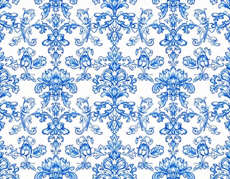 クラシックな青い花柄パターン（トワル・ド・ジュイ風） / Classic Blue Floral Pattern (Toile de Jouy Style)	
