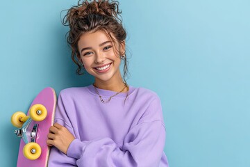 Young smiling woman in a purple sweatshirt and pants holding a pink skateboard on an isolated violet background