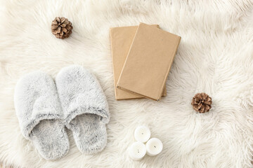 Soft slippers with candles and books on fur rug