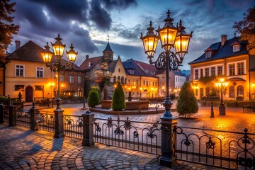 Fototapeta premium A charming european town square glows with warm light from ornate streetlamps on a dark evening, illuminating historic buildings and cobblestone streets