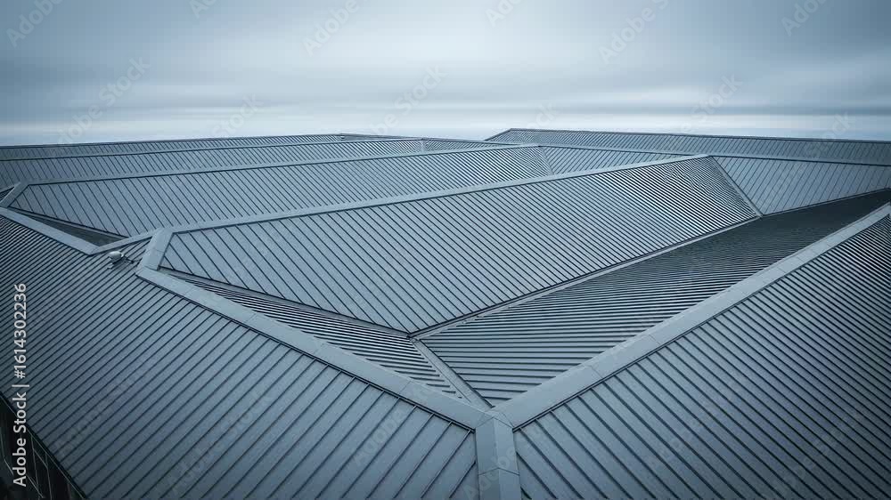 Poster overhead view of angular metal roofing complementing soft gray clouds