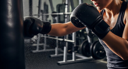 Female Boxer Training with Punching Bag at Gym