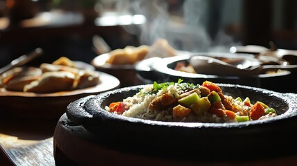 Delicious Hot Dish Served on Stone Plate with Colorful Vegetables