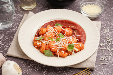 Plate of tasty gnocchi with tomato sauce and cheese on grey background