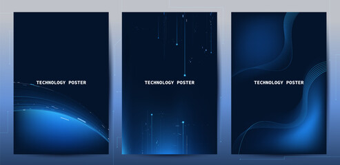Tech poster set. Futuristic digital blue wave line. glowing lines innovation background for tech event poster or presentation product business