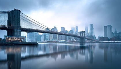 Image of Brooklyn Bridge spanning East River with Manhattan downtown skyline in the background. Crisp, clean look on white background. Concept of urban architecture. High quality