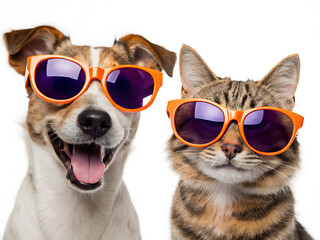 Dog and cat wearing orange sunglasses posing together on a white background in a studio shot