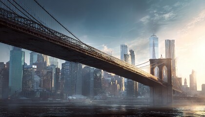 Obraz premium Image of Brooklyn Bridge spanning East River with Manhattan downtown skyline in the background. Crisp, clean look on white background. Concept of urban architecture. High quality
