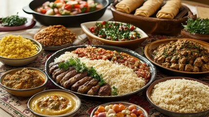 Diverse Spread of Delicious Middle Eastern Dishes on a Festive Table