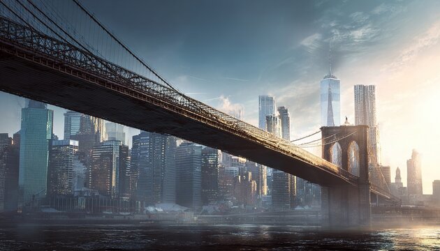 Image of Brooklyn Bridge spanning East River with Manhattan downtown skyline in the background. Crisp, clean look on white background. Concept of urban architecture. High quality - Powered by Adobe