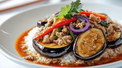 Delicious Asian Dish with Pork, Eggplant, and Fresh Vegetables
