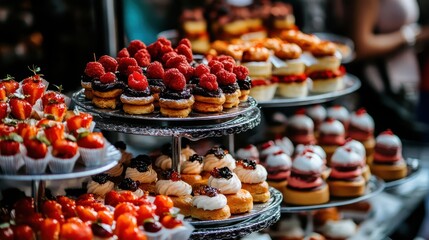Colorful Display of Delicious Pastries and Fresh Berries at Market