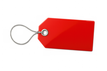 Glossy red label with silver string on a transparent background, ideal for sales, promotions, and marketing campaigns