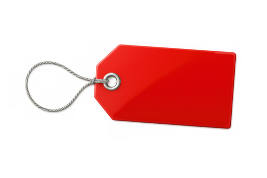 Glossy red label with silver string on a transparent background, ideal for sales, promotions, and marketing campaigns