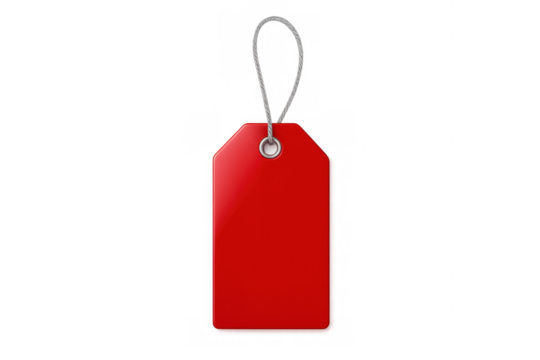 Red retail label dangling from thin string, transparent backdrop highlighting promotional pricing and special marketing elements