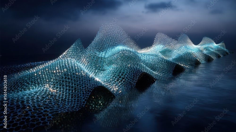 Poster illuminated mesh structure forming wave patterns over a dark surface, creating a visually captivatin