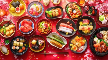 Fototapeta premium Colorful Display of Japanese Cuisine with Assorted Sushi and Sashimi