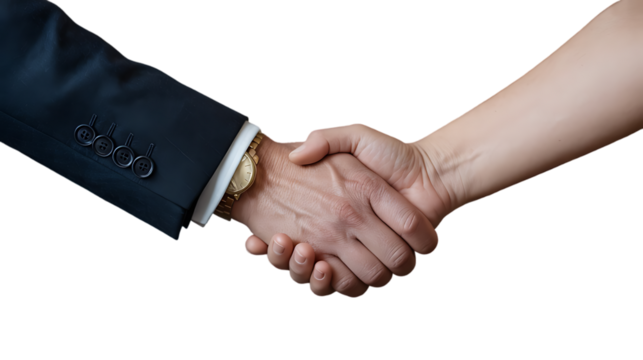 A close up shot of a handshake between two people wearing a suit and a watch on wrist