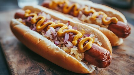 Delicious Hot Dogs with Mustard, Onions, and Sauerkraut on Wood