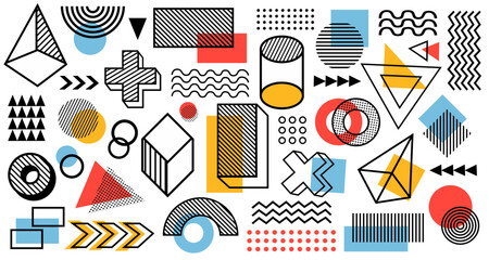 Mega set of memphis design elements, template for your project. Big colorful vector collection