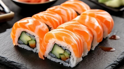 Fresh Salmon Sushi Rolls with Cucumber on a Black Slate Plate