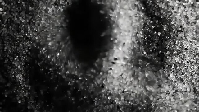 Abstract black and white background of shimmering particles vibrating from sound waves in a chaotic motion
