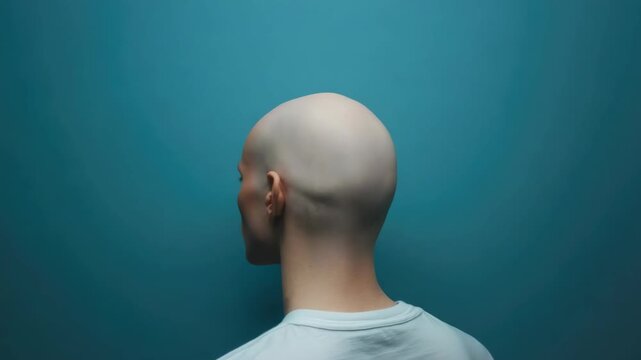 Bald male head seen from back against teal background