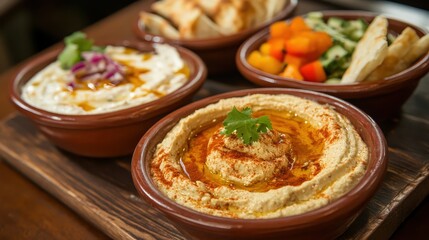 Delicious Hummus with Olive Oil and Colorful Vegetables on Table