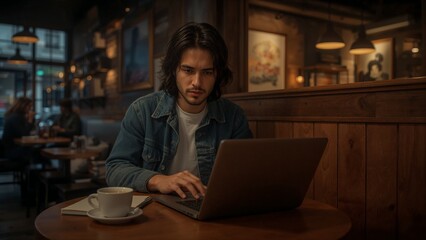 young man with laptop in cafe