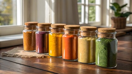 Rustic Glass Jars with Colorful Spices on Wooden Table in Natural Light