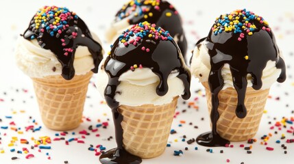 Delicious Ice Cream Cones with Chocolate Sauce and Colorful Sprinkles