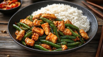 Fototapeta premium Delicious Chicken Stir Fry with Green Beans and Steamed Rice