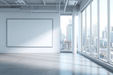 Modern office interior with empty white wall for poster mockup or advertising template in bright space with clean design and natural light exposure. 3D Rendering. High quality