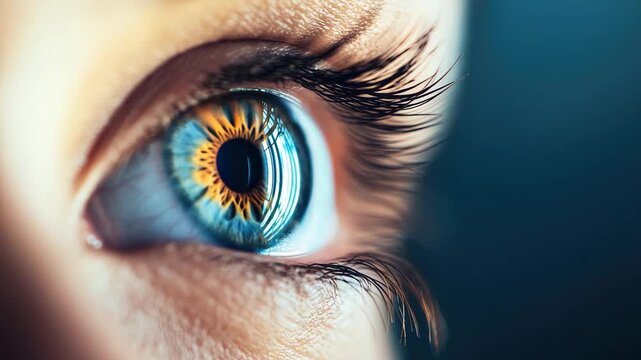 Close-up of blue eye with detailed iris and long eyelashes likely female model
