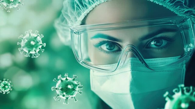 Woman scientist wearing mask and goggles, studying viruses