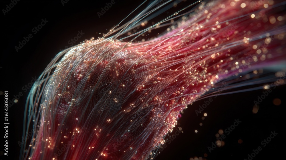 Poster realistic digital rendering of ligament fibers fracturing and recoiling inside knee anatomy focusing