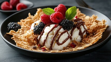 Delicious Ice Cream with Fresh Berries and Chocolate Drizzle