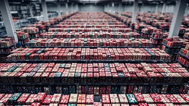 Overhead view of rows of giftwrapped parcels in a logistics center preparing for Christmas delivery