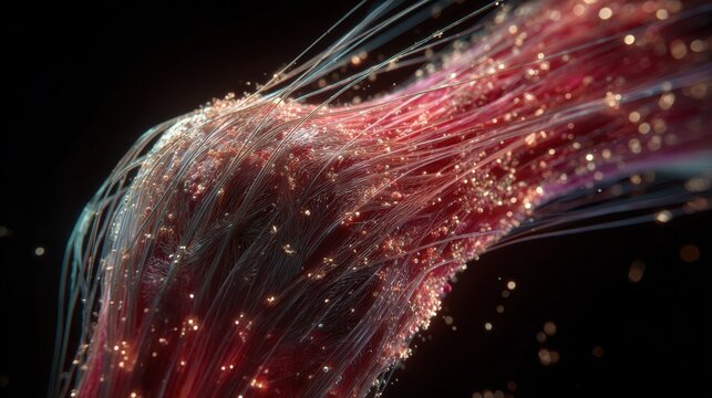 Realistic digital rendering of ligament fibers fracturing and recoiling inside knee anatomy focusing on biomechanical stress impact.