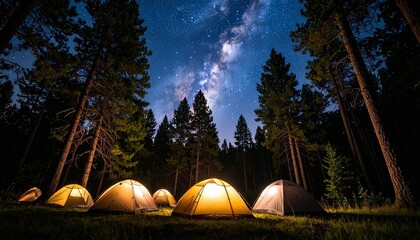森林に囲まれたキャンプ地の夜空