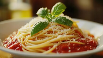 Delicious Spaghetti with Tomato Sauce and Fresh Basil Garnish