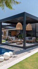 Modern patio cover with pool and seating area