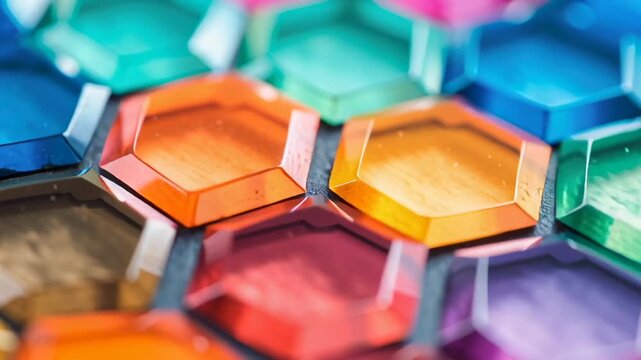Brightly colored hexagonal paints are arranged meticulously, showcasing a rainbow of hues perfect for artistic creativity.